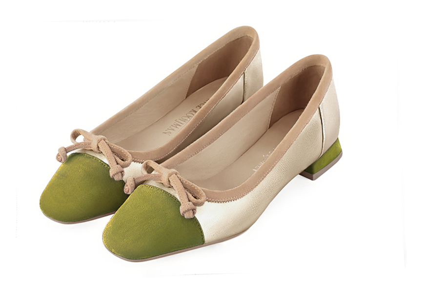 Pistachio green, gold and biscuit beige women's ballet pumps, with low heels. Square toe. Flat flare heels. Front view - Florence KOOIJMAN